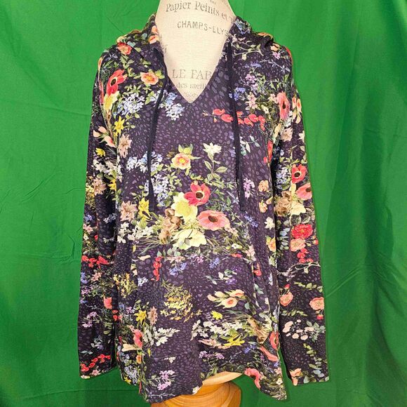 Johnny Was Sweaters - Johnny Was Calme Womens Blue Floral Hoodie Sweater Medium